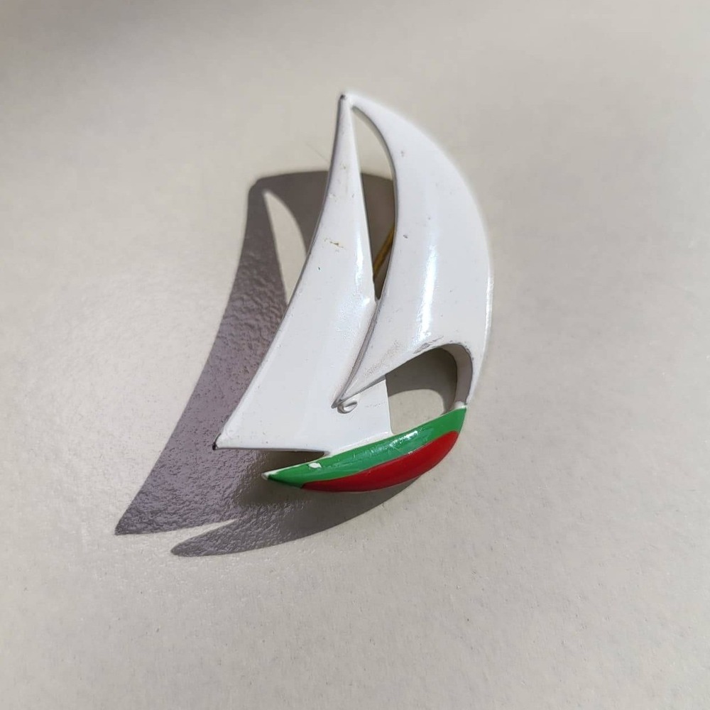 Sailboat Brooch White Vintage Enamel Nautical Lapel Pin
